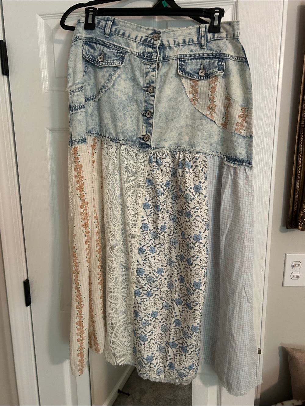 POL Patchwork Maxi Skirt in Light Blue, Cream & Tan